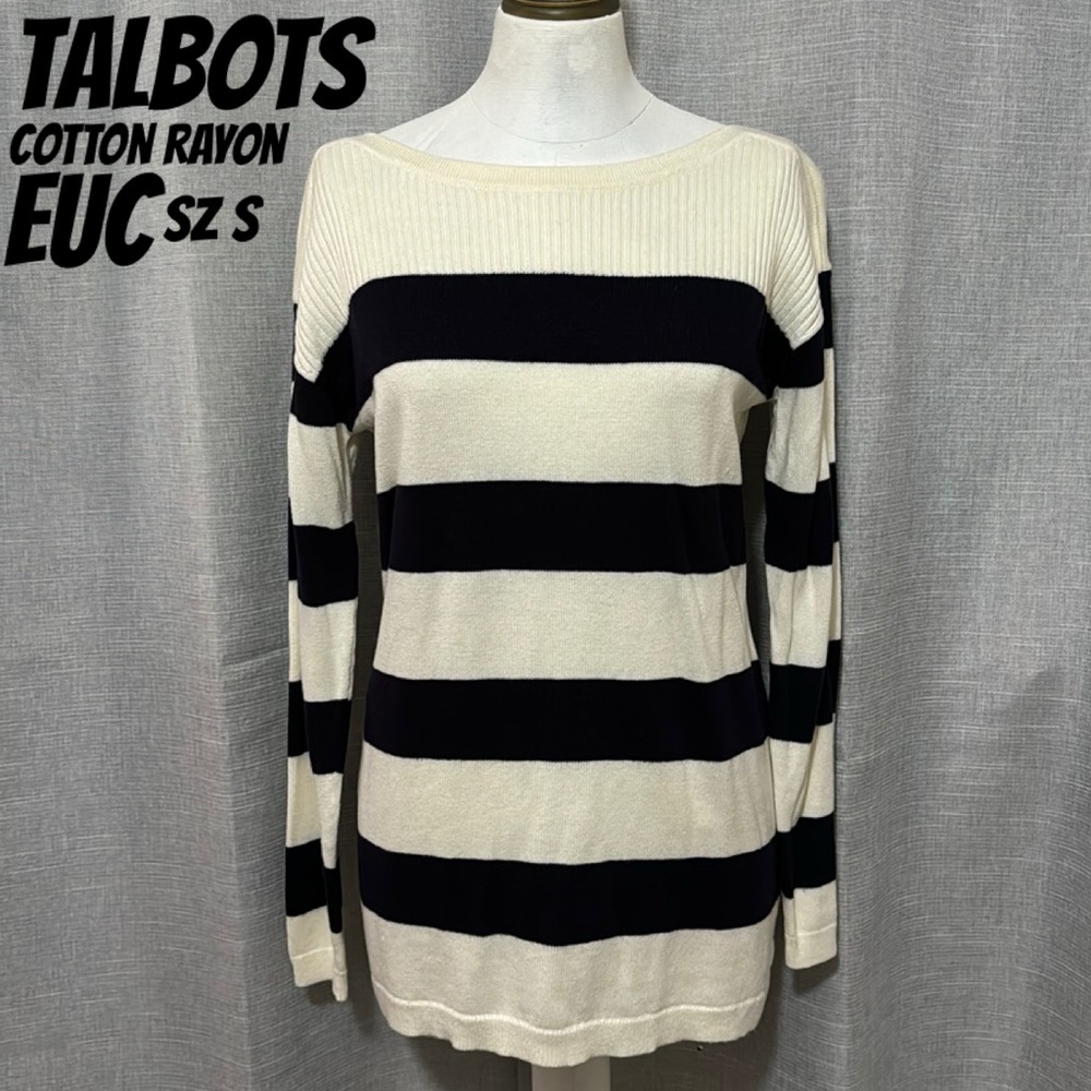 Talbots Cotton Rayon Sweater-Sz S-Navy Cream Stripes-Wider Neck-Notched Side-EUC